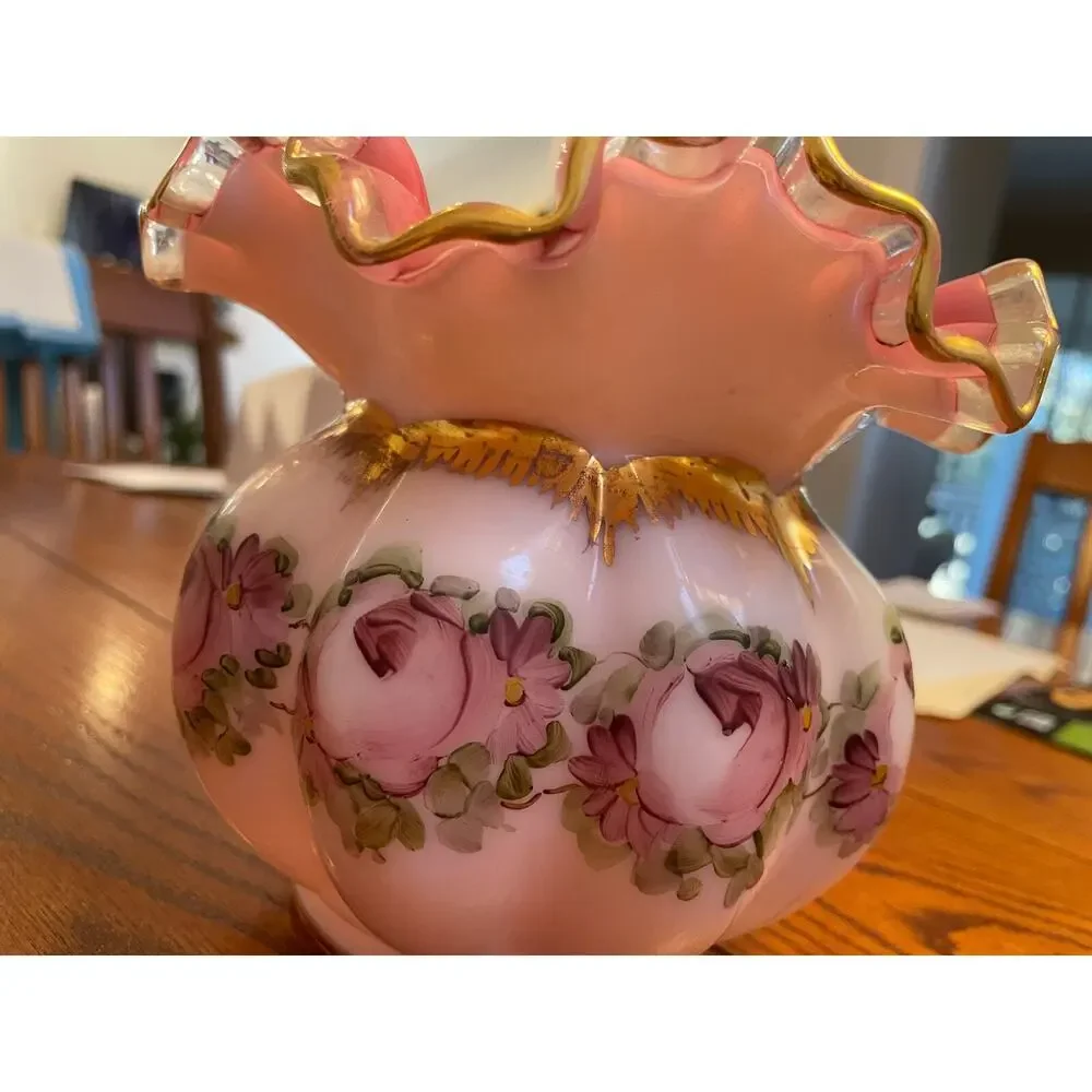 Fenton Melon Ball Charleston Pink Roses Vase Crimped Ruffle Edged Vintage